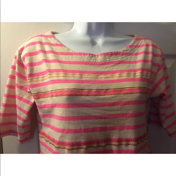 J. CREW Embroidered Stitchwork Striped Top Tee Shirt Blouse Neon Pink Orange - Picture 7 of 9
